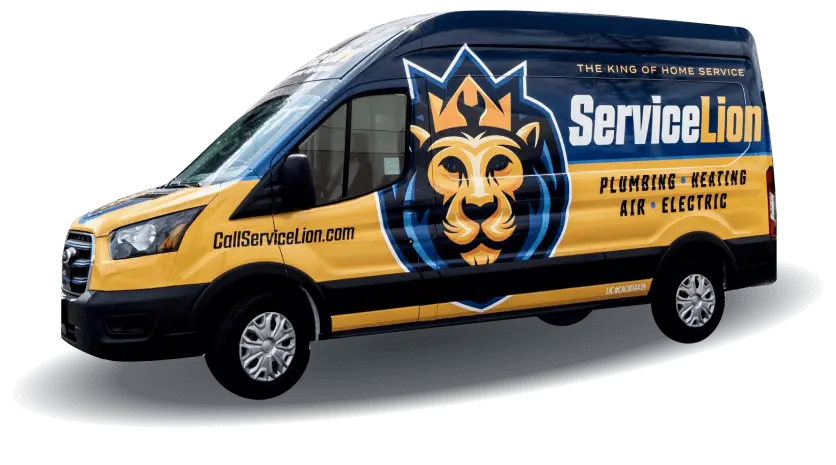 A Van With A Lion Logo And &Quot;Service Lion&Quot; Branding Offers Plumbing, Heating, Air, And Electric Services.